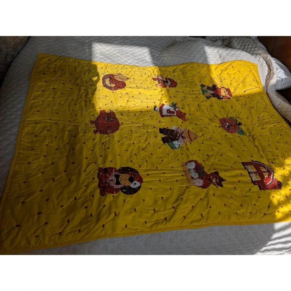 Vintage Rustic Handmade Quilt w/ Sewn Patches Yellow 42 X 76